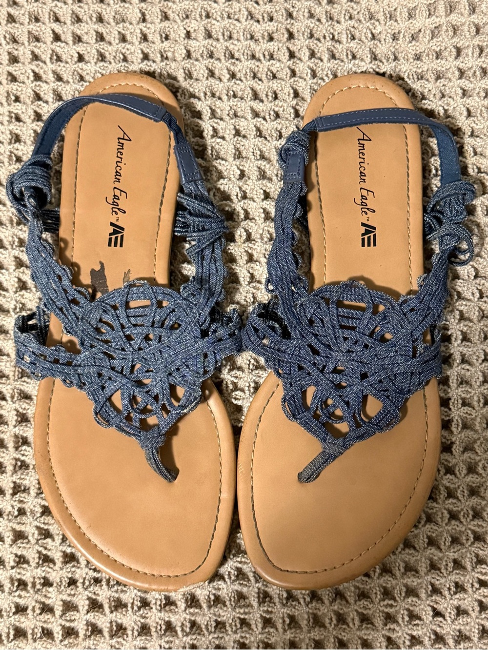102. American Eagle Outfitters Navy Denim Braided Macramé Sandals Size 8.5 - Picture 3 of 6